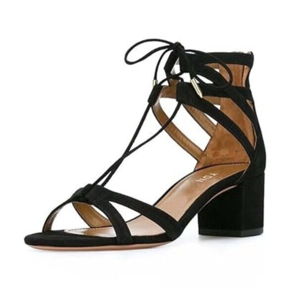 YDN Classic Strappy Low Block Heel Sandals for Women Open Toe Cross Straps Dress - Picture 1 of 8